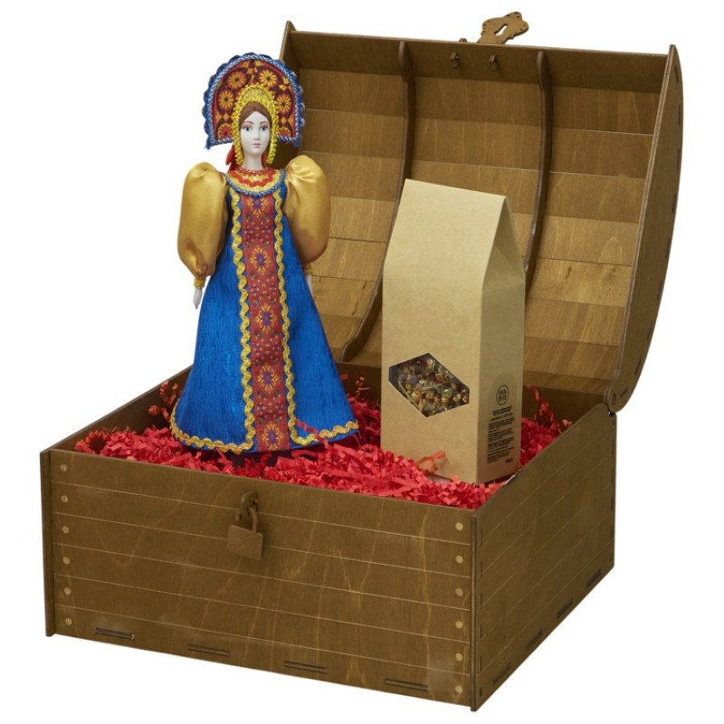 Подарочный набор: кукла фарфоровая, чай "Малина с мятой", синий