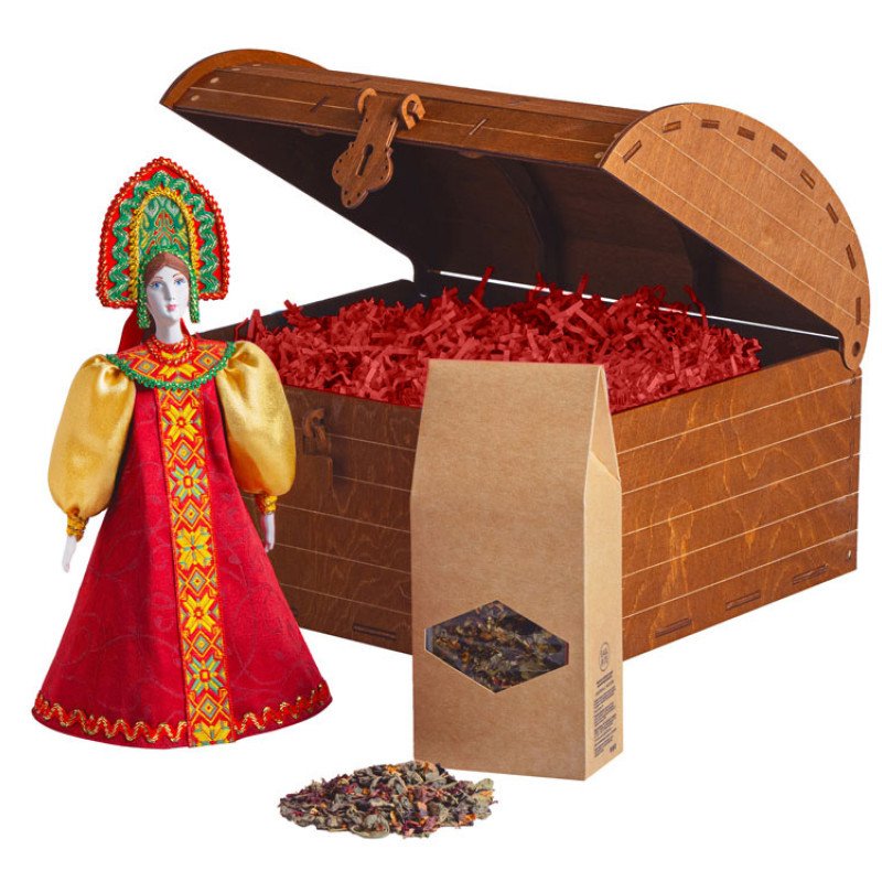 Подарочный набор: кукла фарфоровая, чай "Малина с мятой", красный