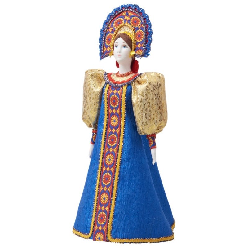 Подарочный набор: кукла фарфоровая, чай "Малина с мятой", синий