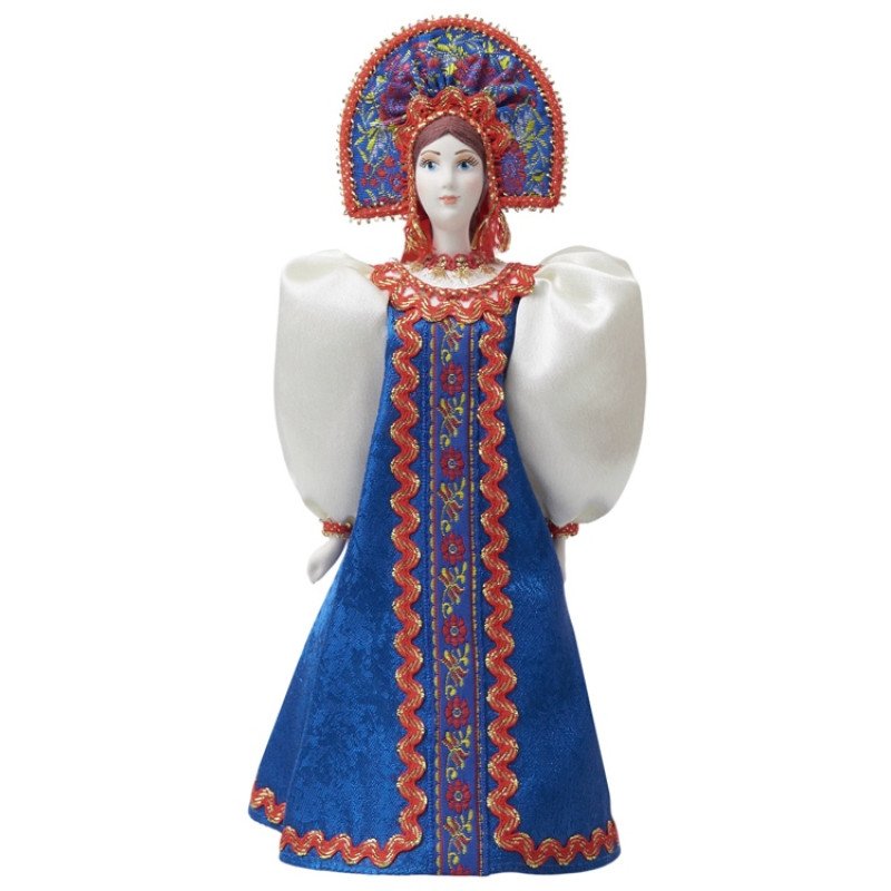 Подарочный набор: кукла фарфоровая, чай "Малина с мятой", синий