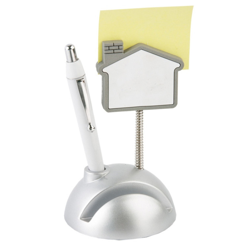 Подставка для визиток и ручки с держателем для бумаги "Домик", серебристый/белый (Р) Подставка для визиток и ручки с держателем для бумаги "Домик", серебристый/белый (Р)