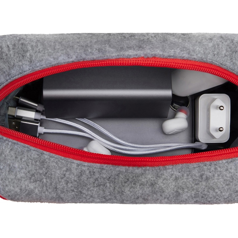 Органайзер для электроники и проводов "Felt" из RPET-фетра с ручкой, серый с красным