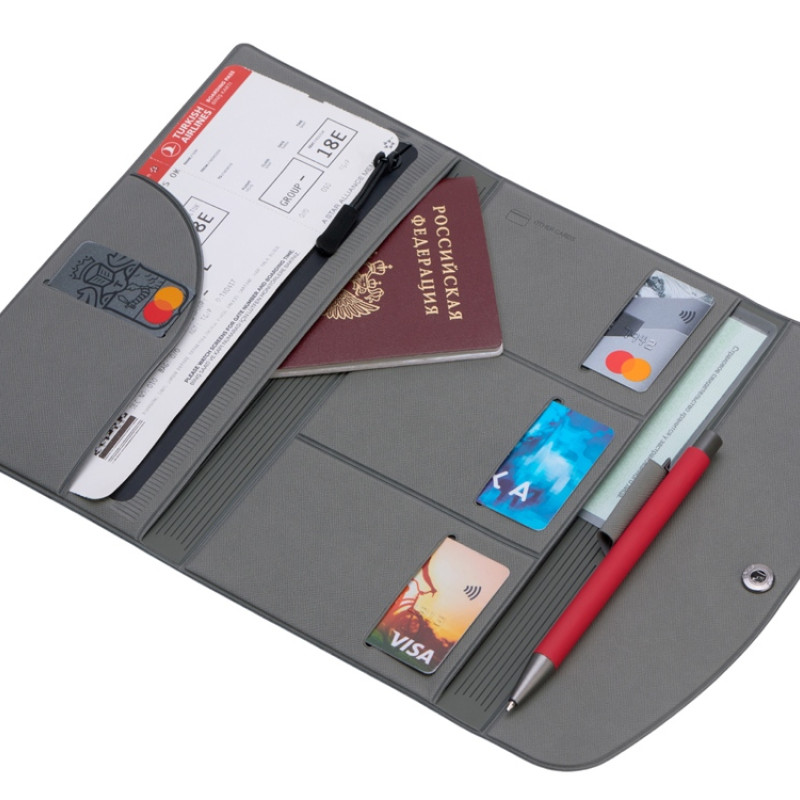 Органайзер для документов на кнопке с отделением для купюр и ручки, упаковка в индивидуальный пакет, серый
