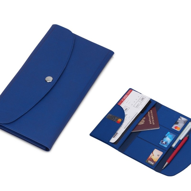 Органайзер для документов на кнопке с отделением для купюр и ручки, упаковка в индивидуальный пакет, синий/темно-синий