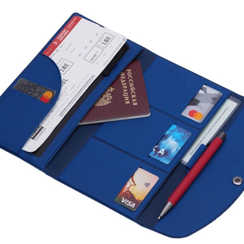 Органайзер для документов на кнопке с отделением для купюр и ручки, упаковка в индивидуальный пакет, синий/темно-синий