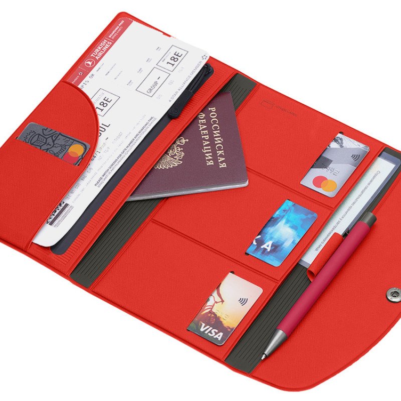 Органайзер для документов на кнопке с отделением для купюр и ручки, упаковка в индивидуальный пакет, красный/серый