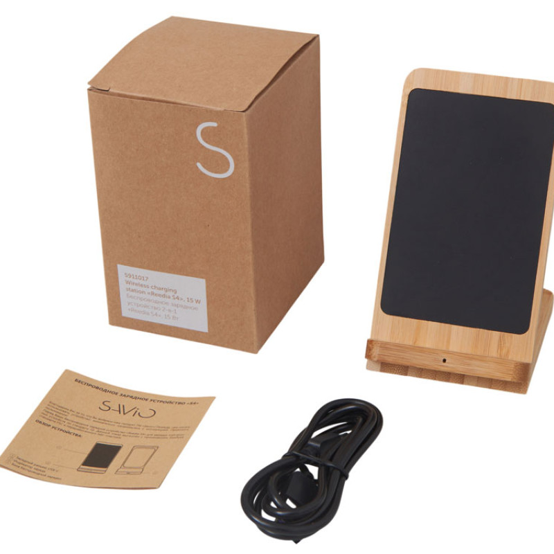 Беспроводное зарядное устройство 2-в-1 с подсветкой лого «Reedia S4», 15 Вт, бамбук, черный