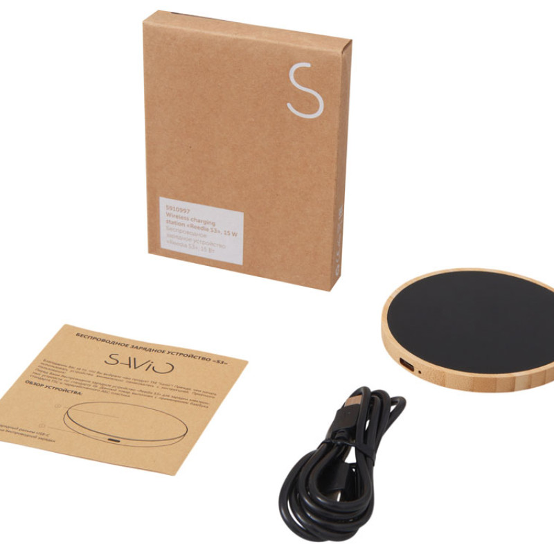 Беспроводное зарядное устройство с подсветкой лого «Reedia S3», 15 Вт, бамбук, черный