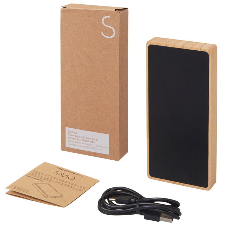 Внешний аккумулятор с подсветкой лого и солнечной панелью «Reedia S1», 10000 mAh, бамбук, черный