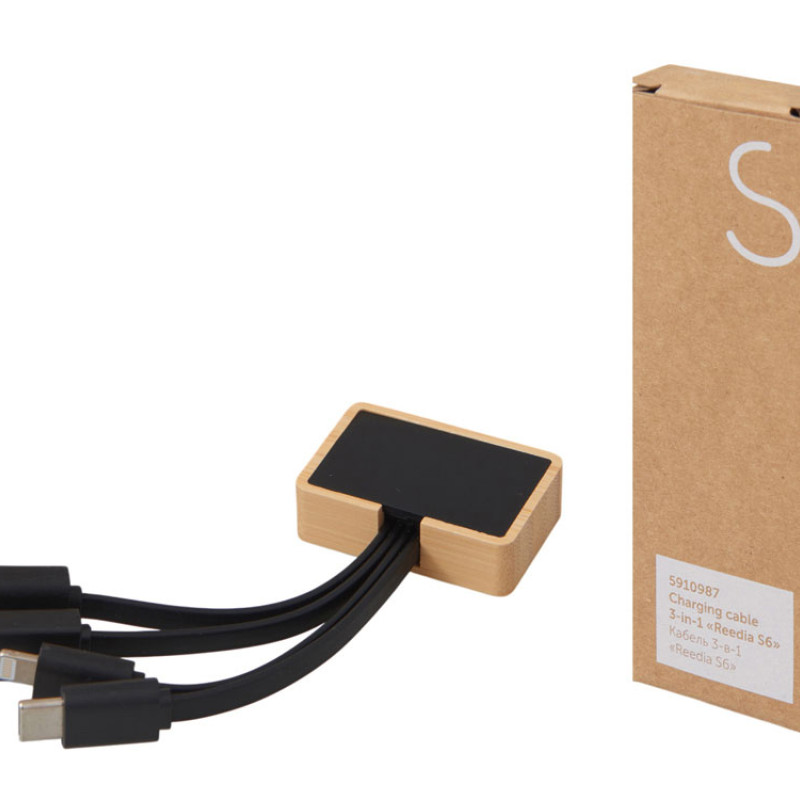Кабель 3-в-1 с подсветкой лого «Reedia S6», бамбук, черный Кабель 3-в-1 с подсветкой лого «Reedia S6», бамбук, черный