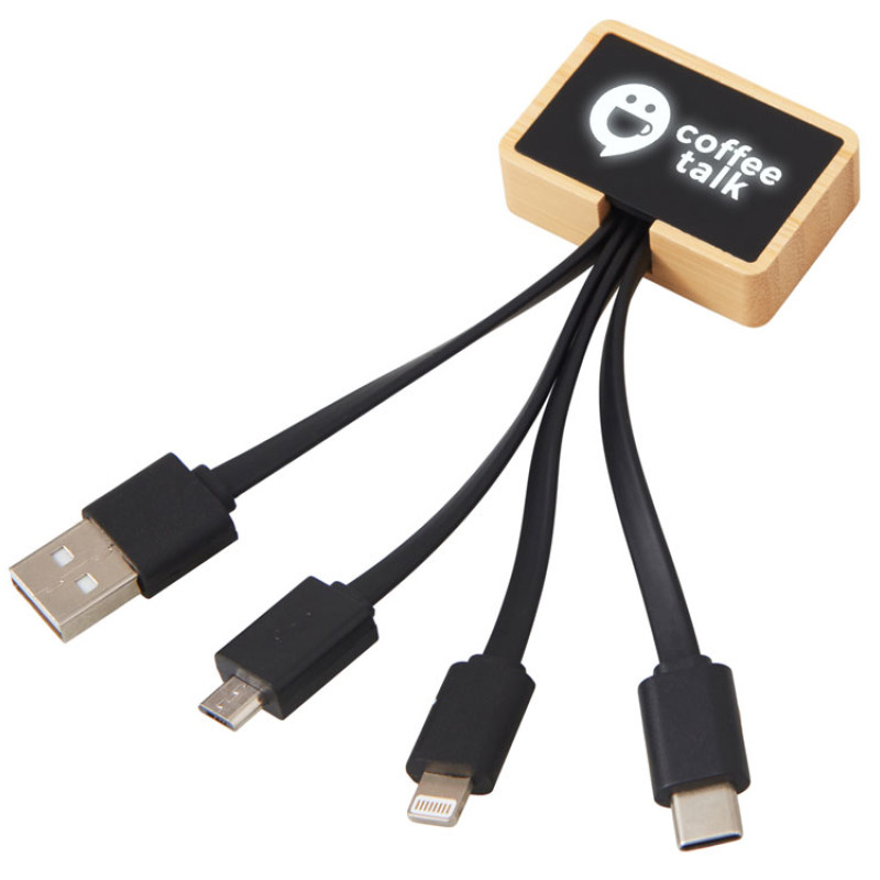 Кабель 3-в-1 с подсветкой лого «Reedia S6», бамбук, черный Кабель 3-в-1 с подсветкой лого «Reedia S6», бамбук, черный