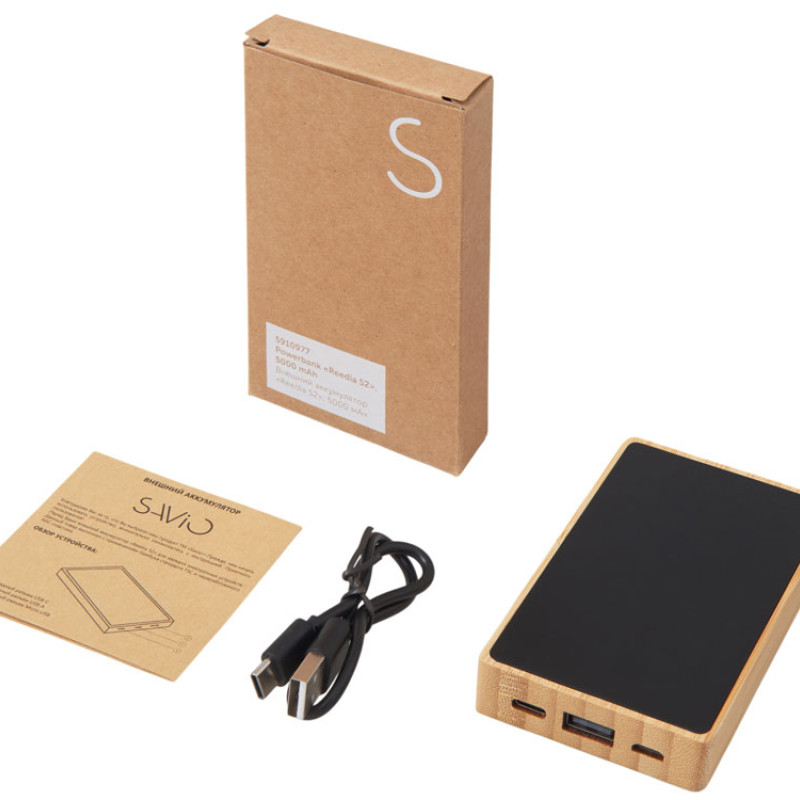Внешний аккумулятор с подсветкой лого «Reedia S2», 5000 mAh, бамбук, черный