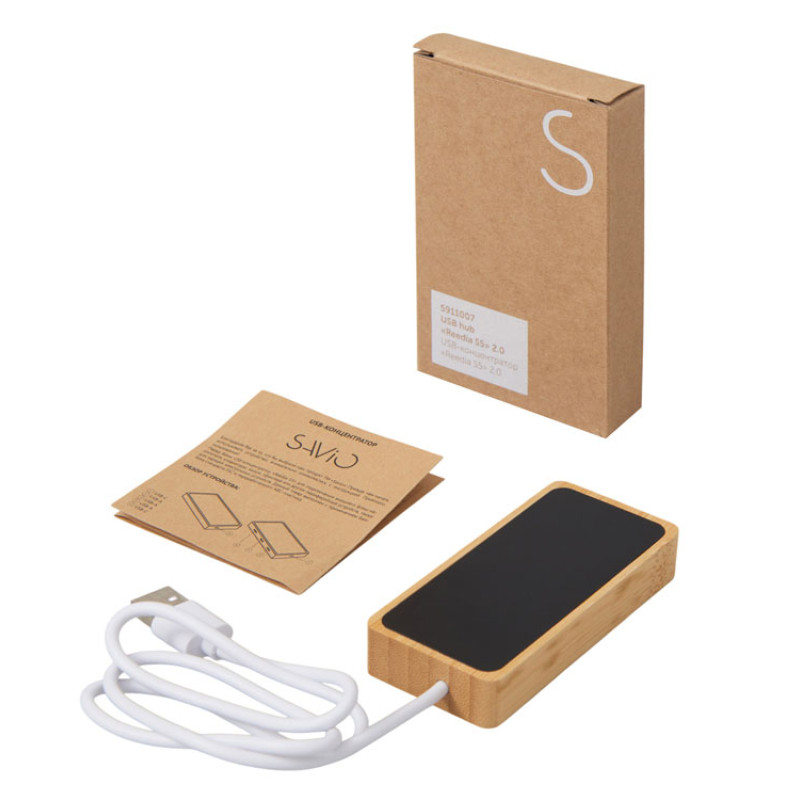 USB хаб с подсветкой лого «Reedia S5», 3*USB, 1*Type C, бамбук, черный