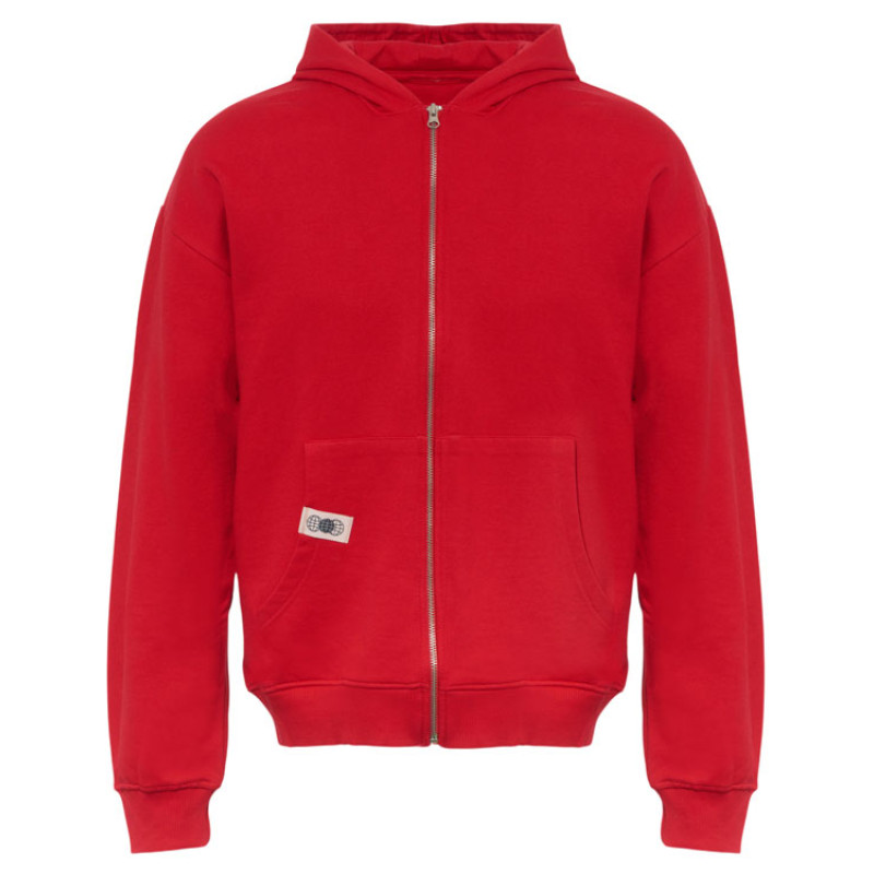 Толстовка оверсайз с капюшоном на молнии «Monaco», красный, лейбл, бренд тайп и термотрансфер Толстовка оверсайз с капюшоном на молнии «Monaco», красный, лейбл, бренд тайп и термотрансфер