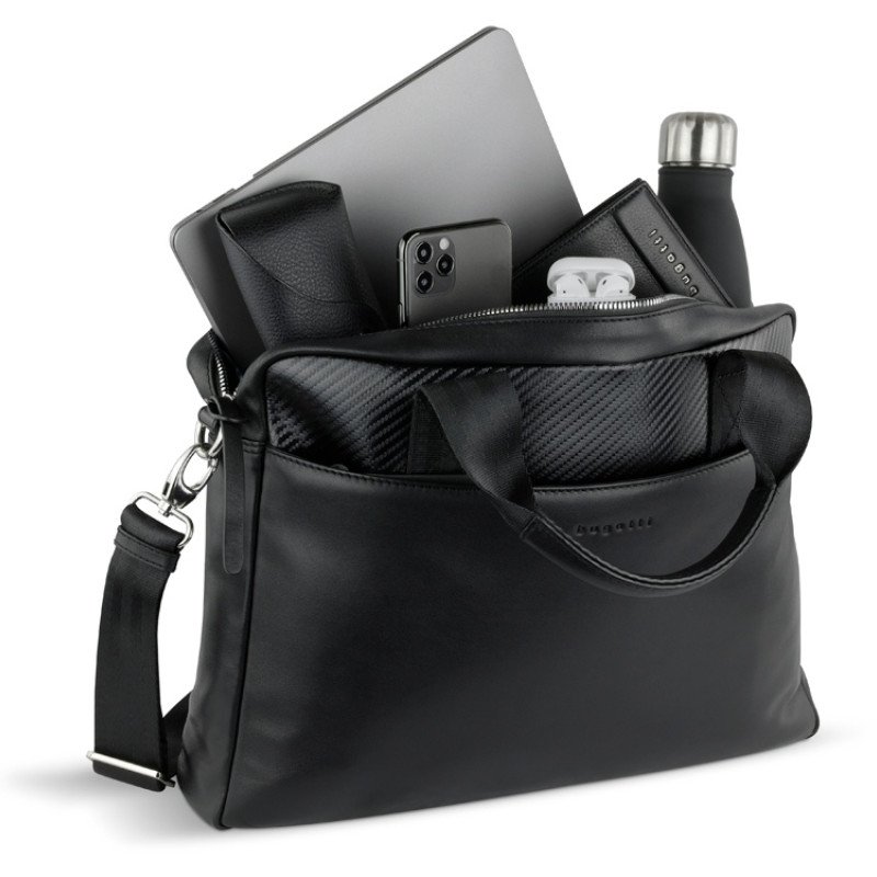 Портфель мужской BUGATTI КОМЕТА | COMET, чёрный, воловья кожа/полиэстер, 37х6х27 см