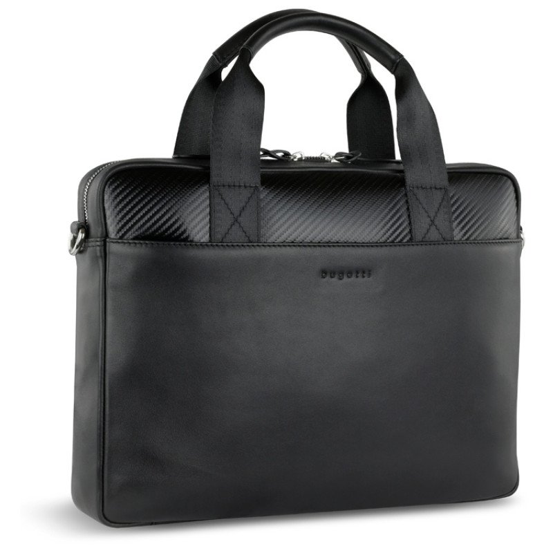 Портфель мужской BUGATTI КОМЕТА | COMET, чёрный, воловья кожа/полиэстер, 37х6х27 см