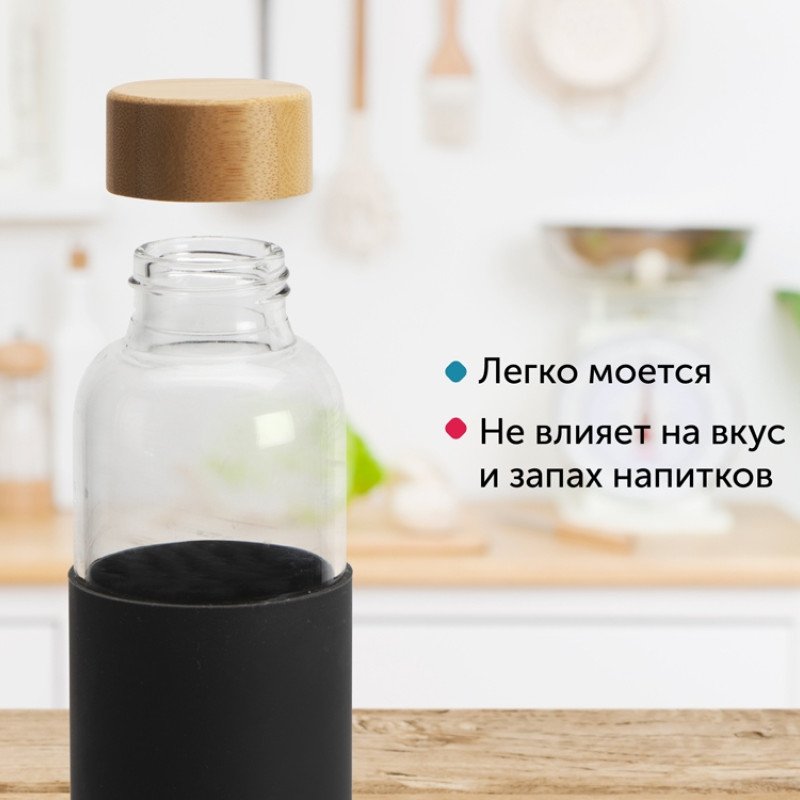 Бутылка для воды стеклянная "Refine", в чехле, 550 мл, черный Бутылка для воды стеклянная "Refine", в чехле, 550 мл, черный